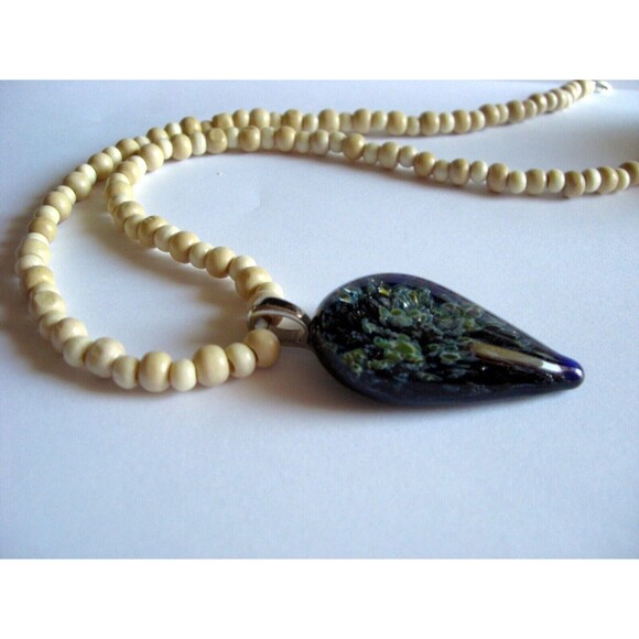 Boro Art Glass Pendant On 19" Wooden Bead Necklace Boho Style Artisan Made 2008 - Picture 14 of 14
